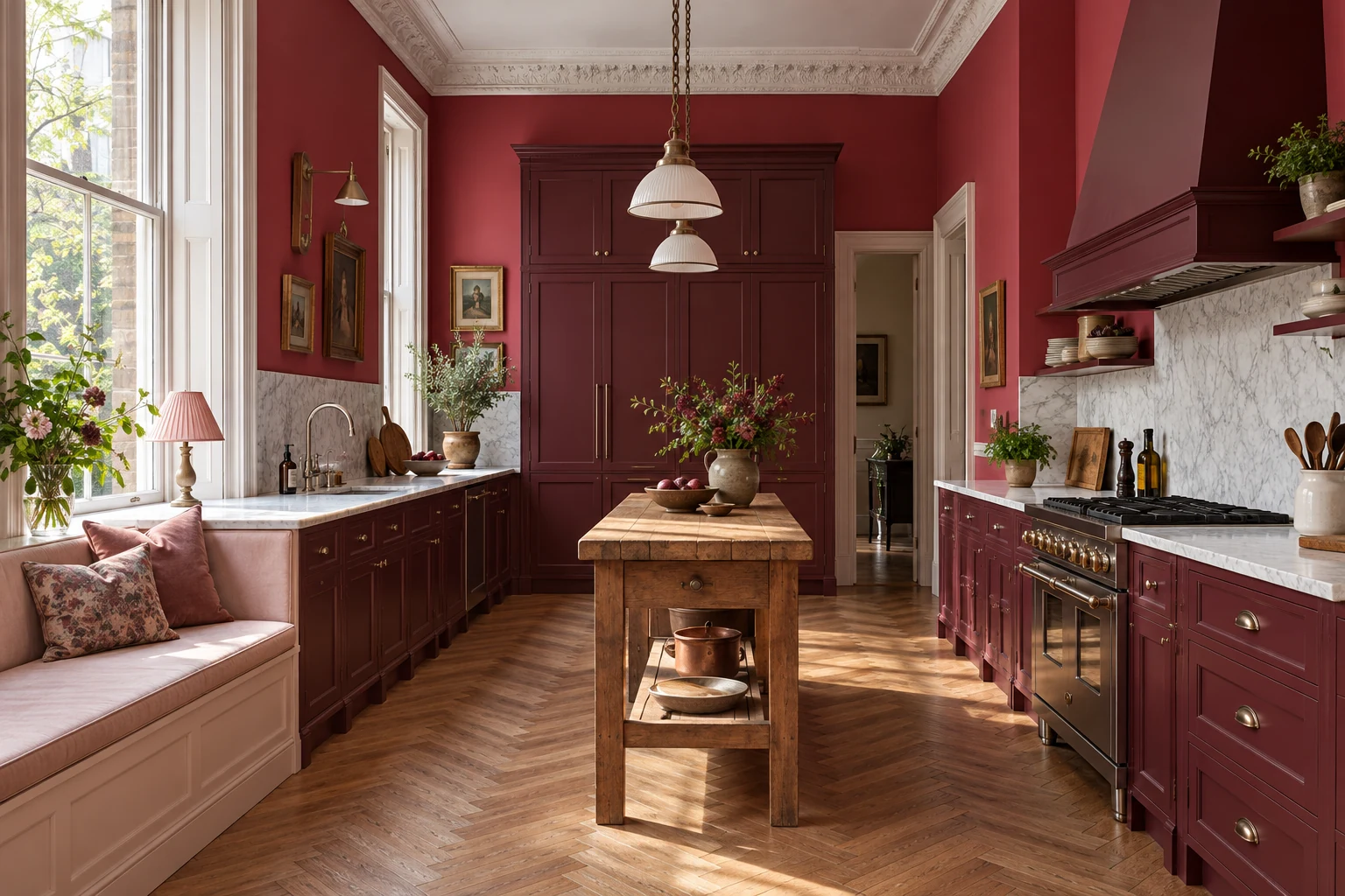 Townhouse kitchen with burgundy cabinetry, raspberry walls and a light counter.