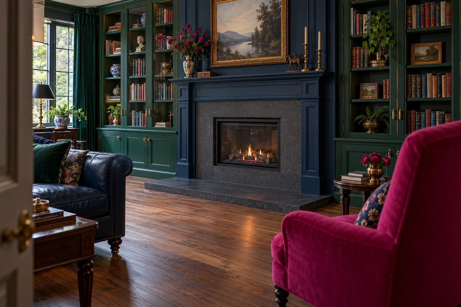 Navy fireplace surrounded by emerald bookcases with a fuchsia reading chair
