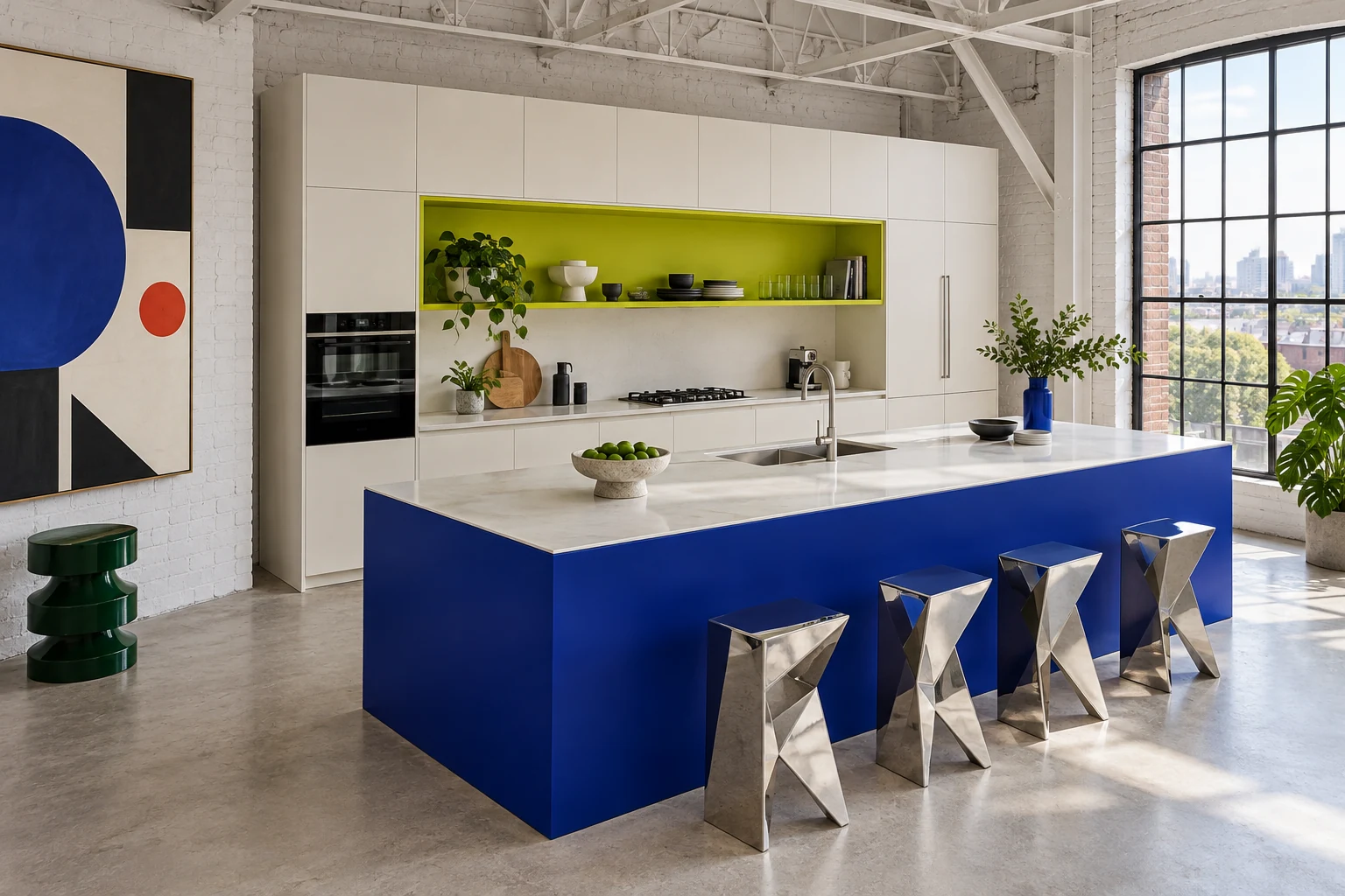 Geometric modern kitchen with an ultramarine island and lime recessed shelving.