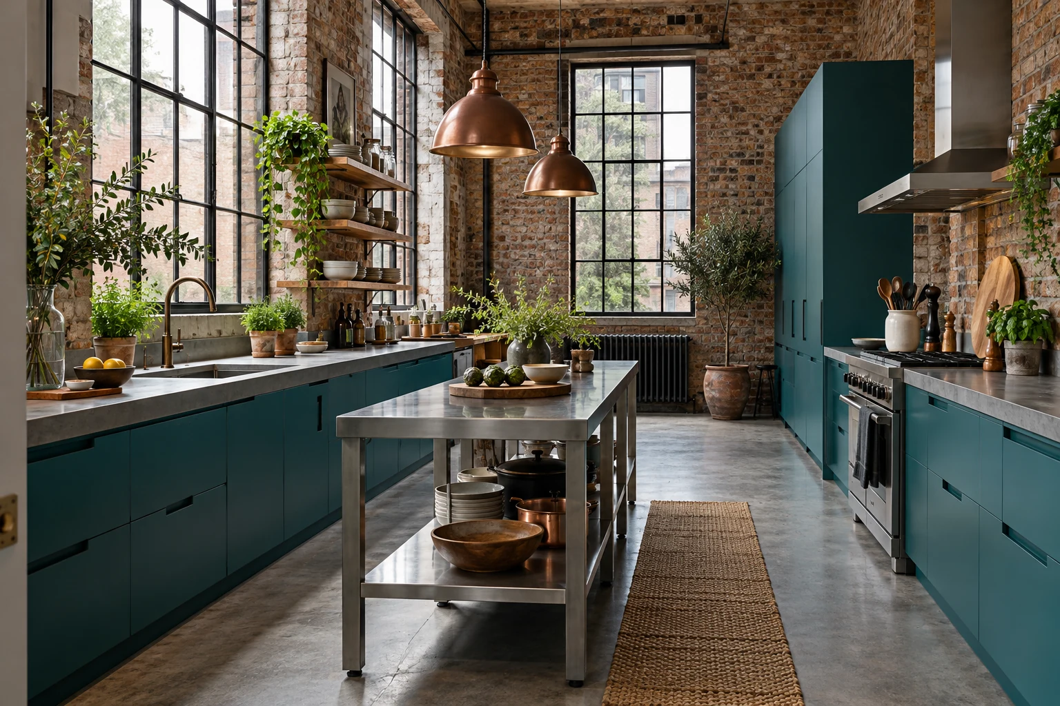 Industrial brick kitchen with peacock blue cabinets, copper pendants and concrete-look counters.