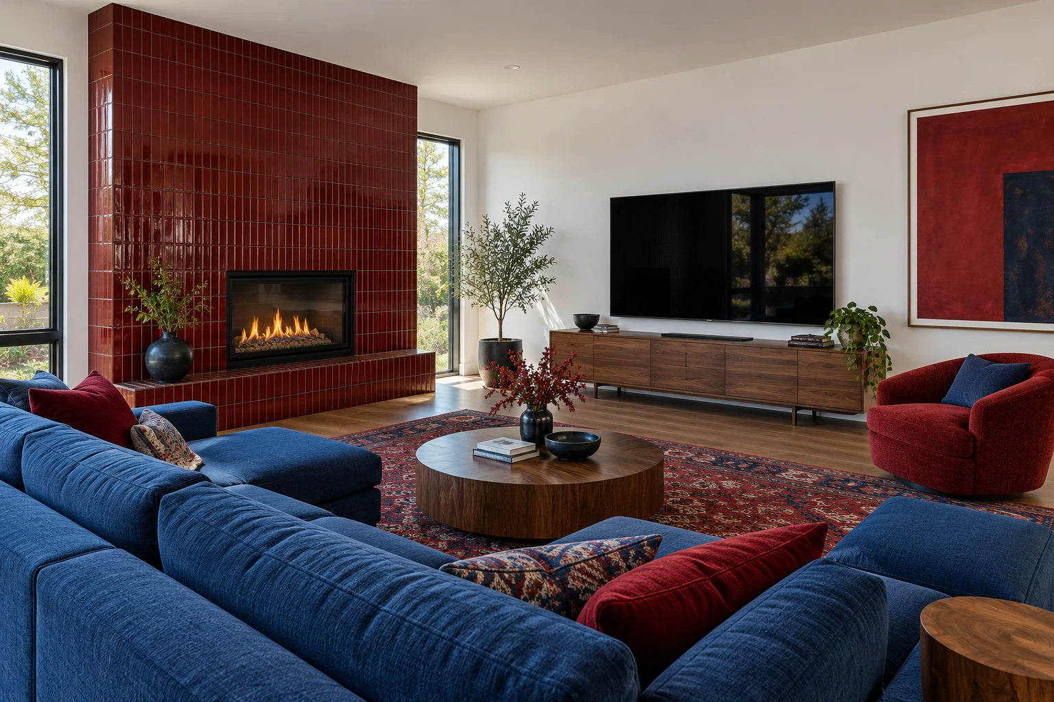 Red tiled fireplace and television on perpendicular living room walls