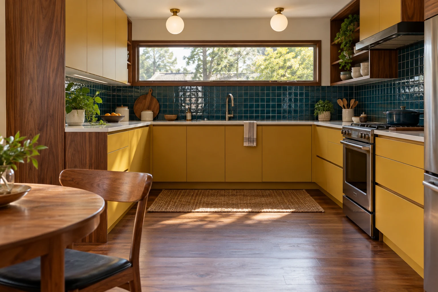 Mid-century kitchen with mustard cabinets, petrol blue backsplash and walnut details.