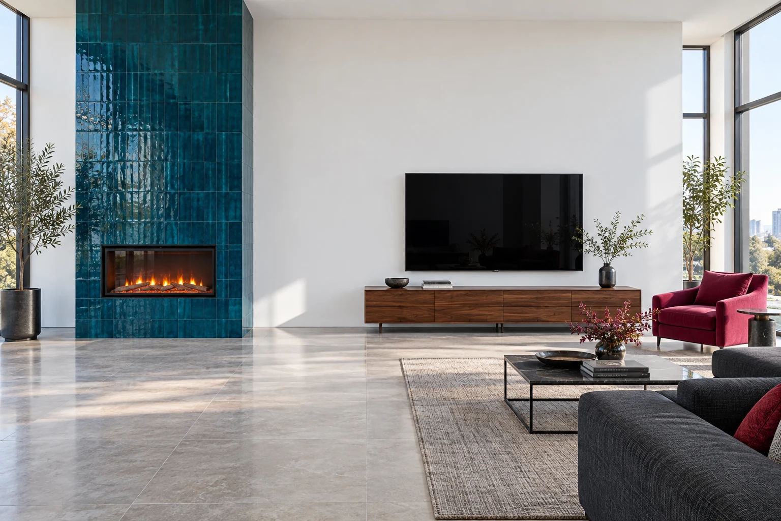 Tall peacock tiled fireplace with a low television beside it
