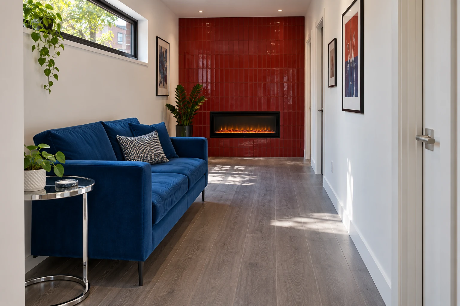 Shallow cherry-red fireplace at the end of a narrow room with a royal-blue sofa
