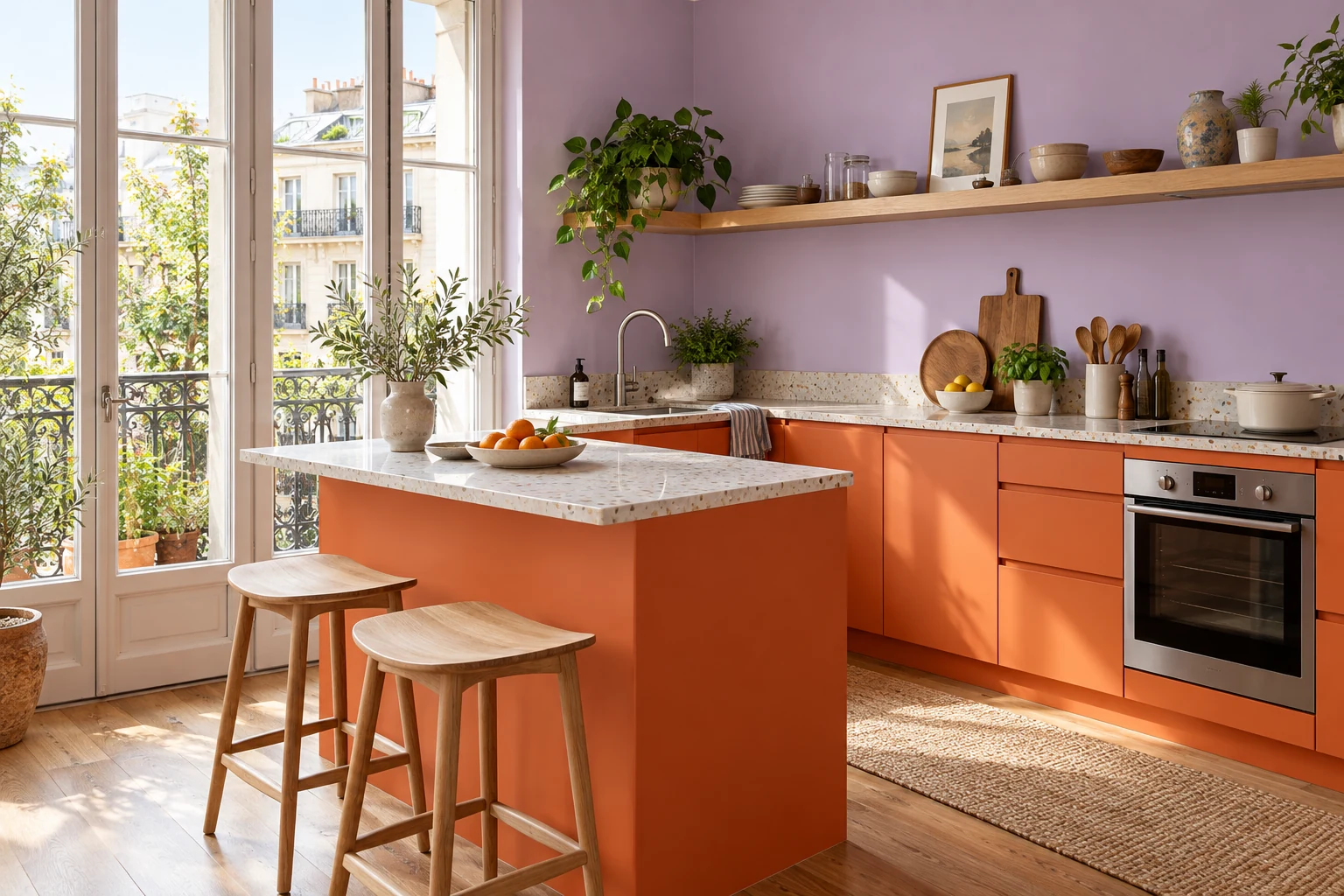 Contemporary kitchen with persimmon lower cabinets, lilac walls and pale terrazzo.
