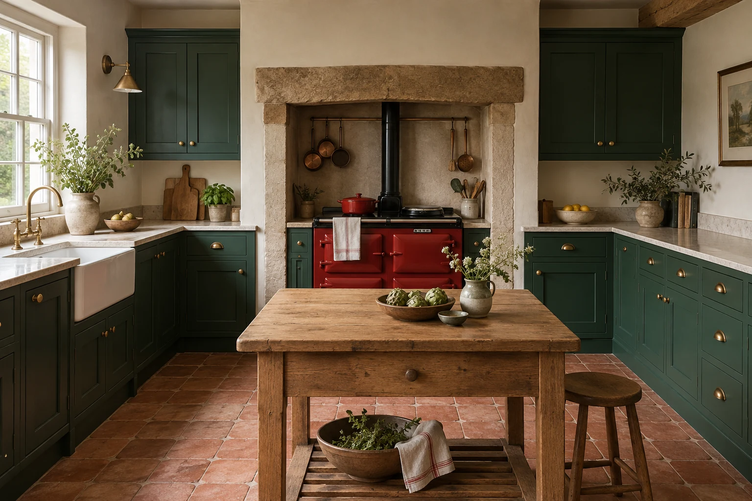 Traditional kitchen with forest green cabinets and a scarlet range alcove.