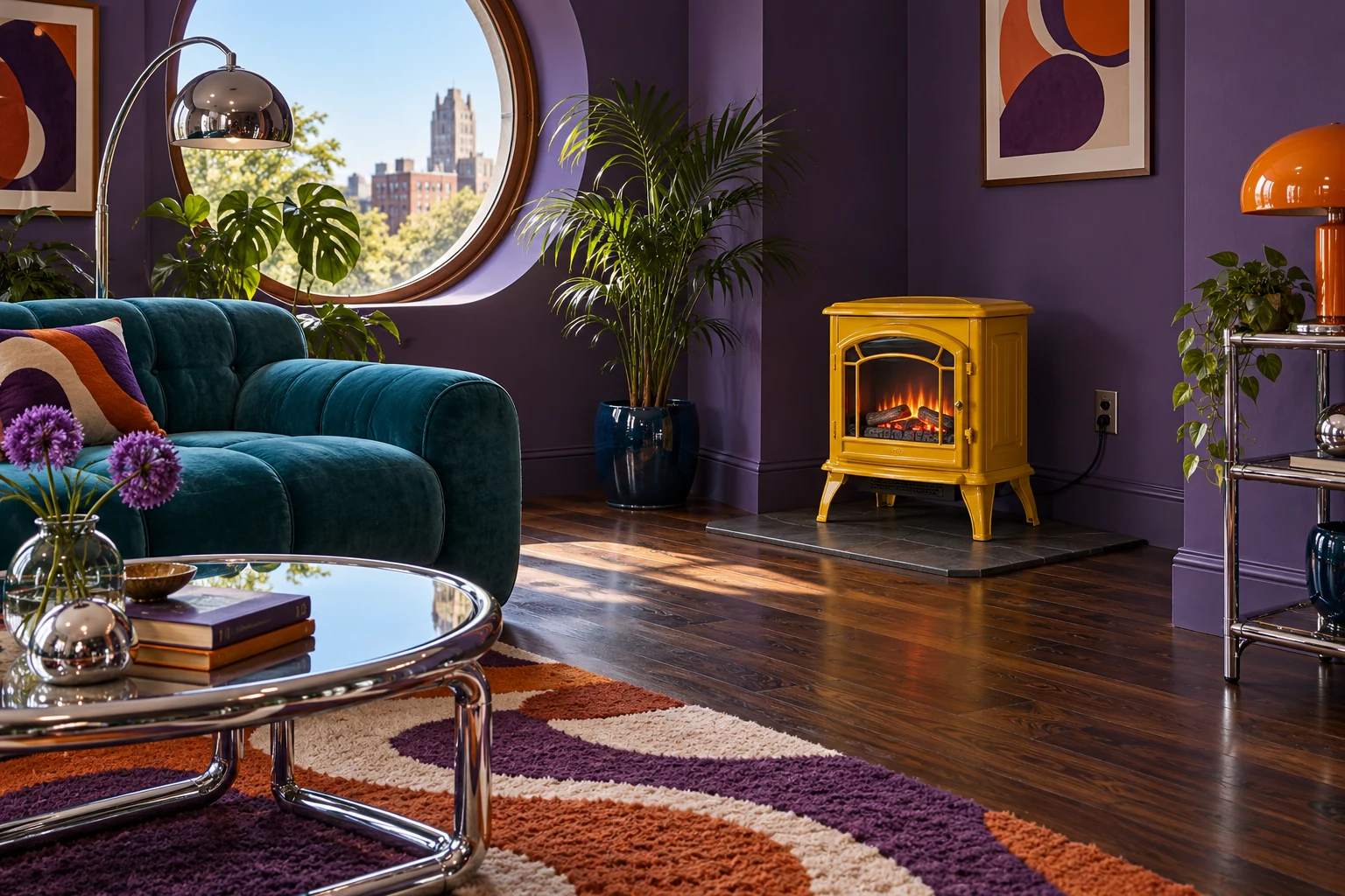 Yellow freestanding electric stove against violet walls with teal seating