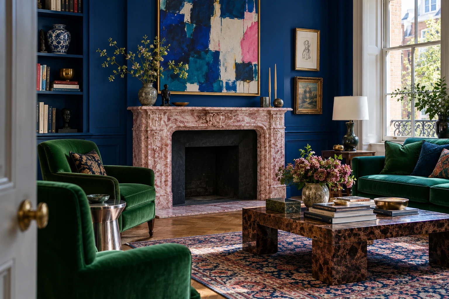 Nonworking pink marble mantel with an empty firebox, cobalt walls and emerald seating
