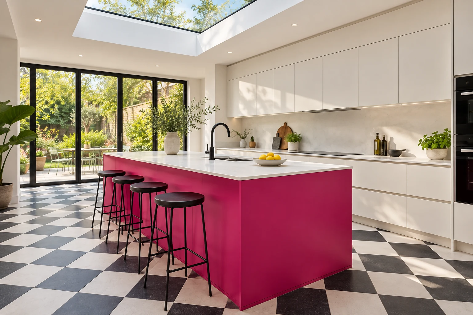 Modern kitchen with a fuchsia island, white cabinets and a black-and-white checkerboard floor.
