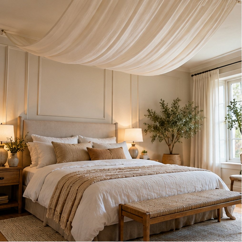 Ivory fabric ceiling draping above a neutral upholstered bed