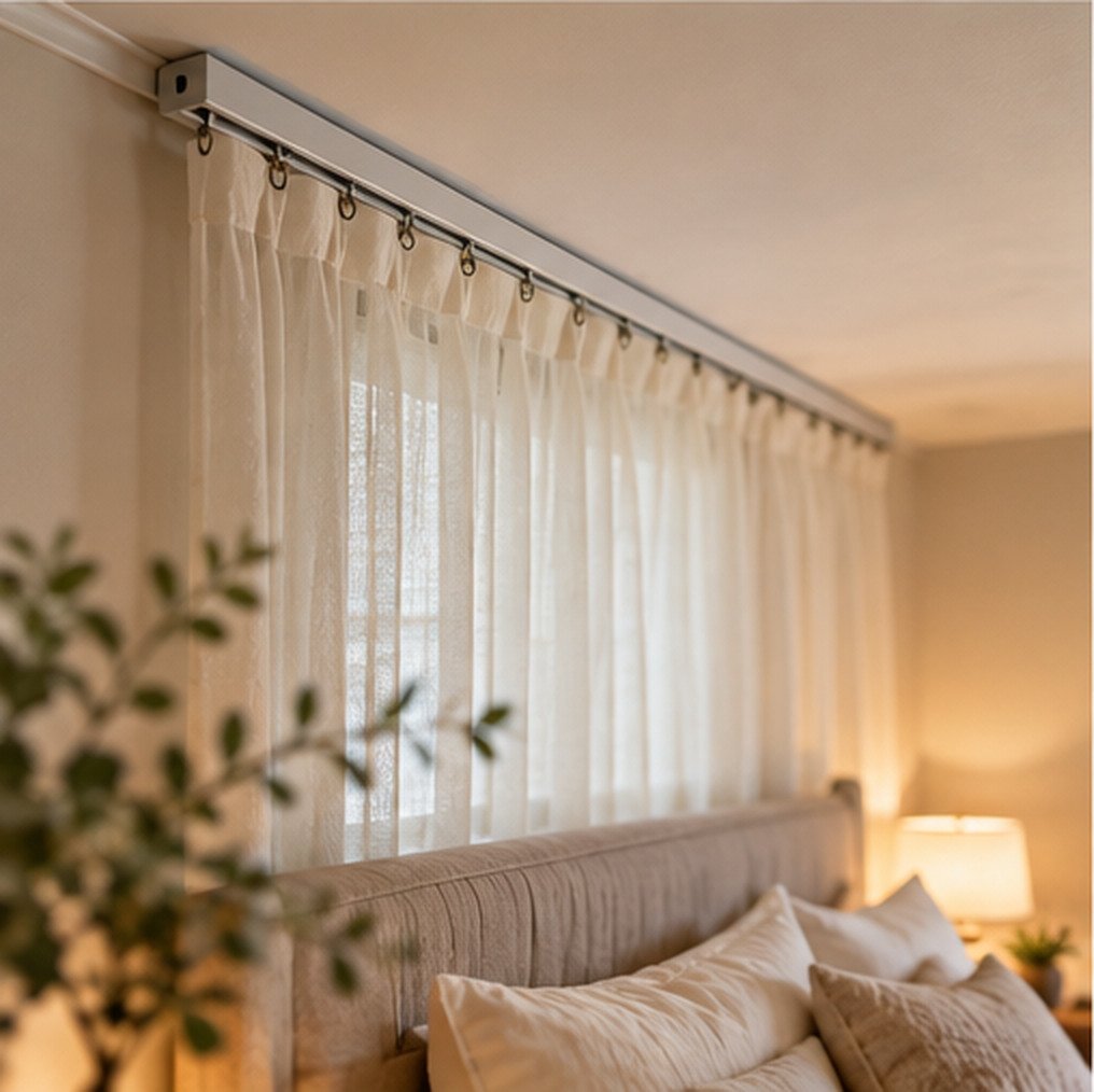 Slim ceiling curtain track holding sheer white fabric panels