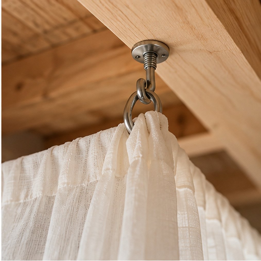 Close-up concept of fabric gathered at a ceiling-mounted metal hook