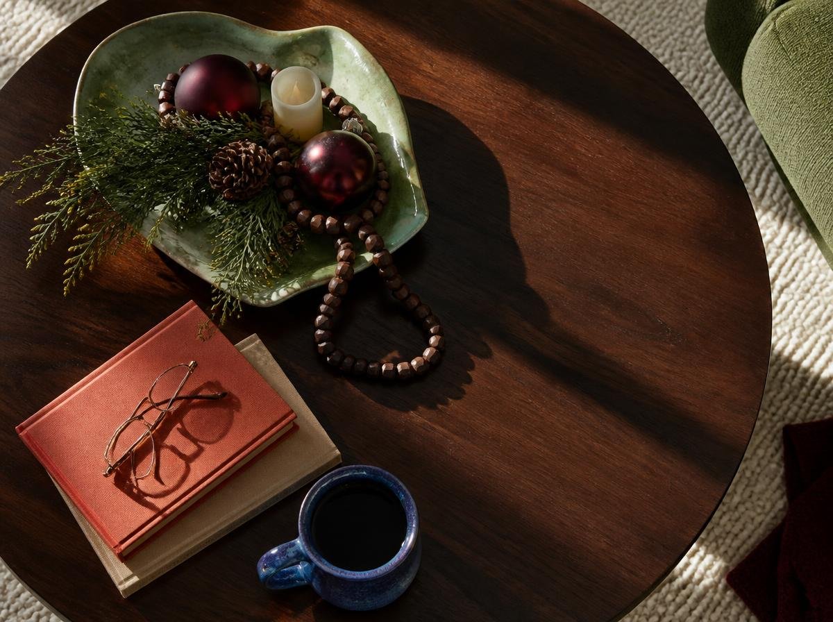 Burgundy Christmas coffee table styled with greenery, warm candlelight and brown decorative accents