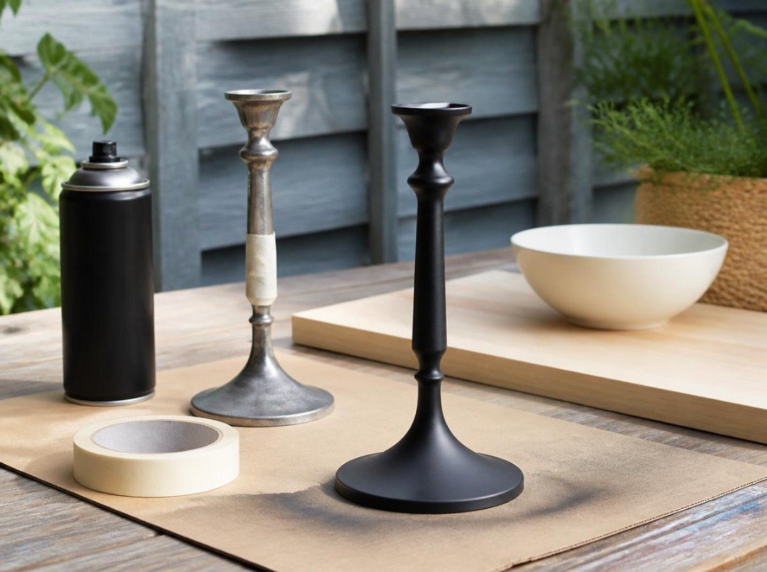 Matte-black metal candle holder makeover with a freshly painted candlestick, masking tape and spray-paint supplies on an outdoor workbench.