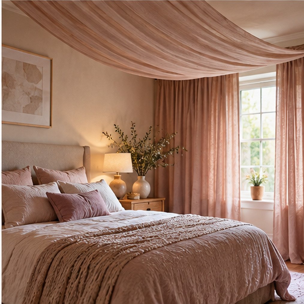 Dusty rose bedroom ceiling draping coordinated with pink bedding