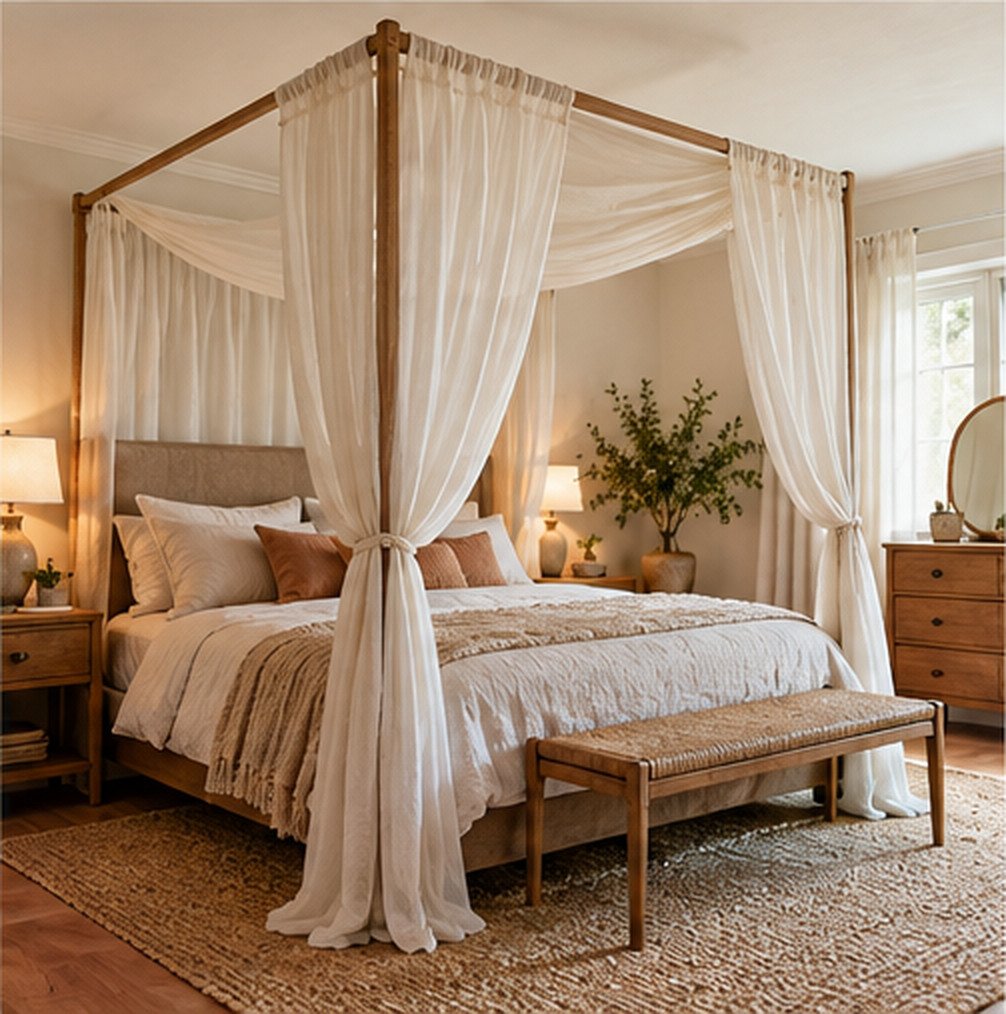 Freestanding wooden canopy bed frame with white sheer curtains
