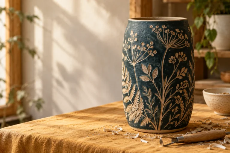 Dark teal ceramic vase with carved light botanical sgraffito design on a sunlit mustard studio worktable