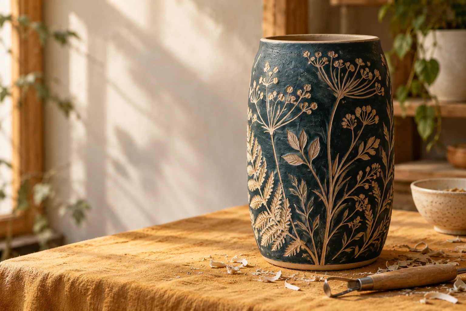 Dark teal ceramic vase with carved light botanical sgraffito design on a sunlit mustard studio worktable