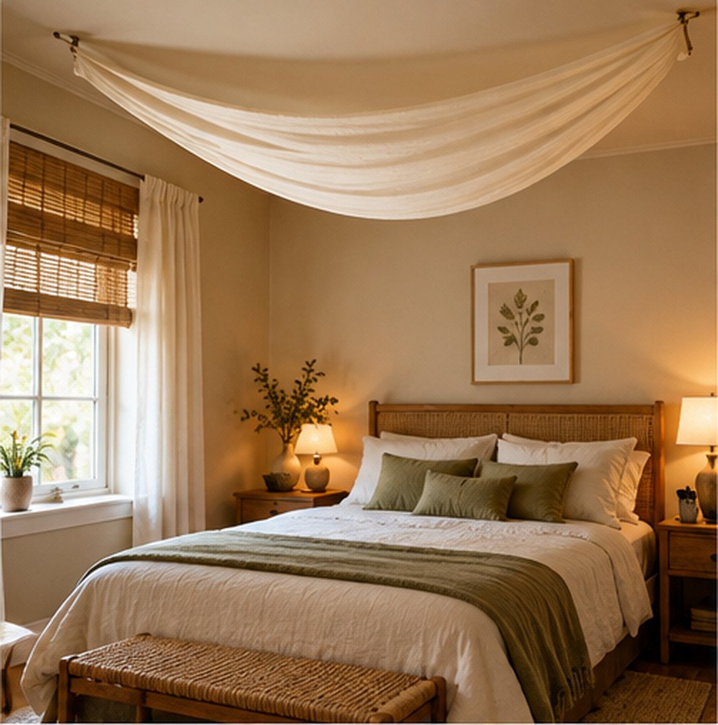 Shallow ivory ceiling swag above a cozy neutral bedroom