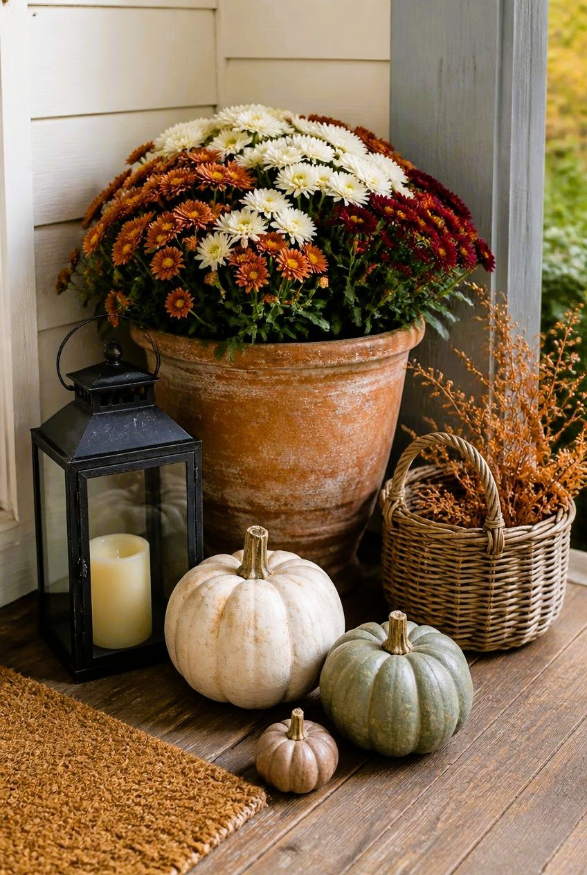 Affordable autumn porch arrangement with a weathered terracotta planter of burgundy and rust chrysanthemums, neutral decorative pumpkins, black outdoor lantern, wicker basket, and dried foliage on wooden porch boards.