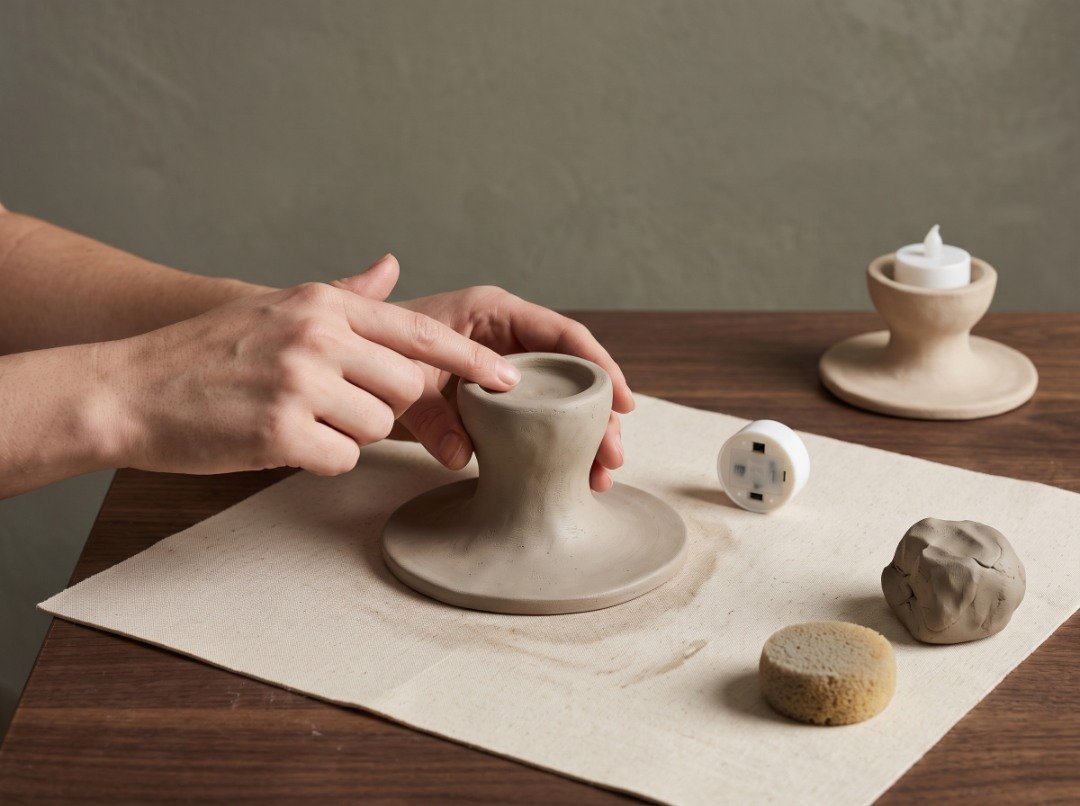 Handmade sculptural air-dry clay candle stand with a broad stable base and shallow recess holding a battery-operated LED tealight.