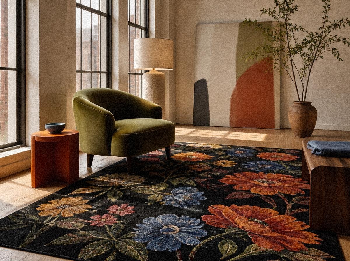 Modern loft lounge with a black botanical area rug, oversized orange and blue flowers, olive-green velvet chair, burnt-orange side table, and natural oak flooring.