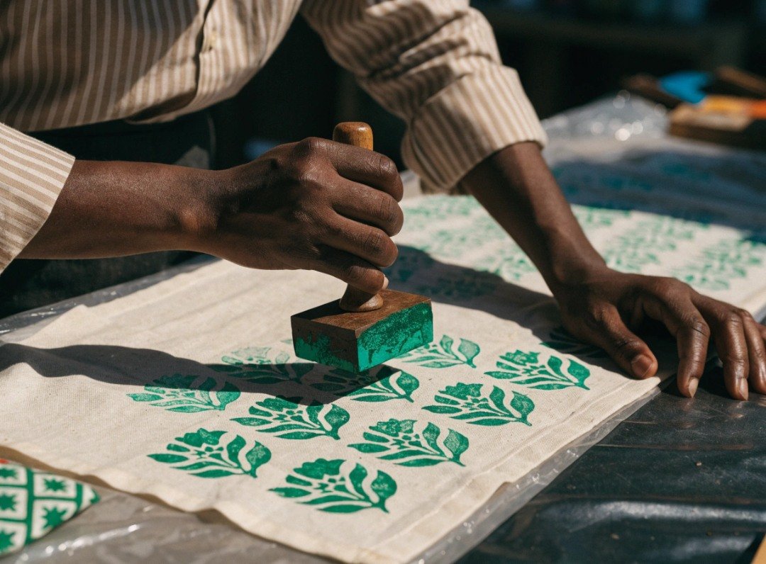 Hand block-printed tea towel with a decorative motif for a handmade Christmas gift