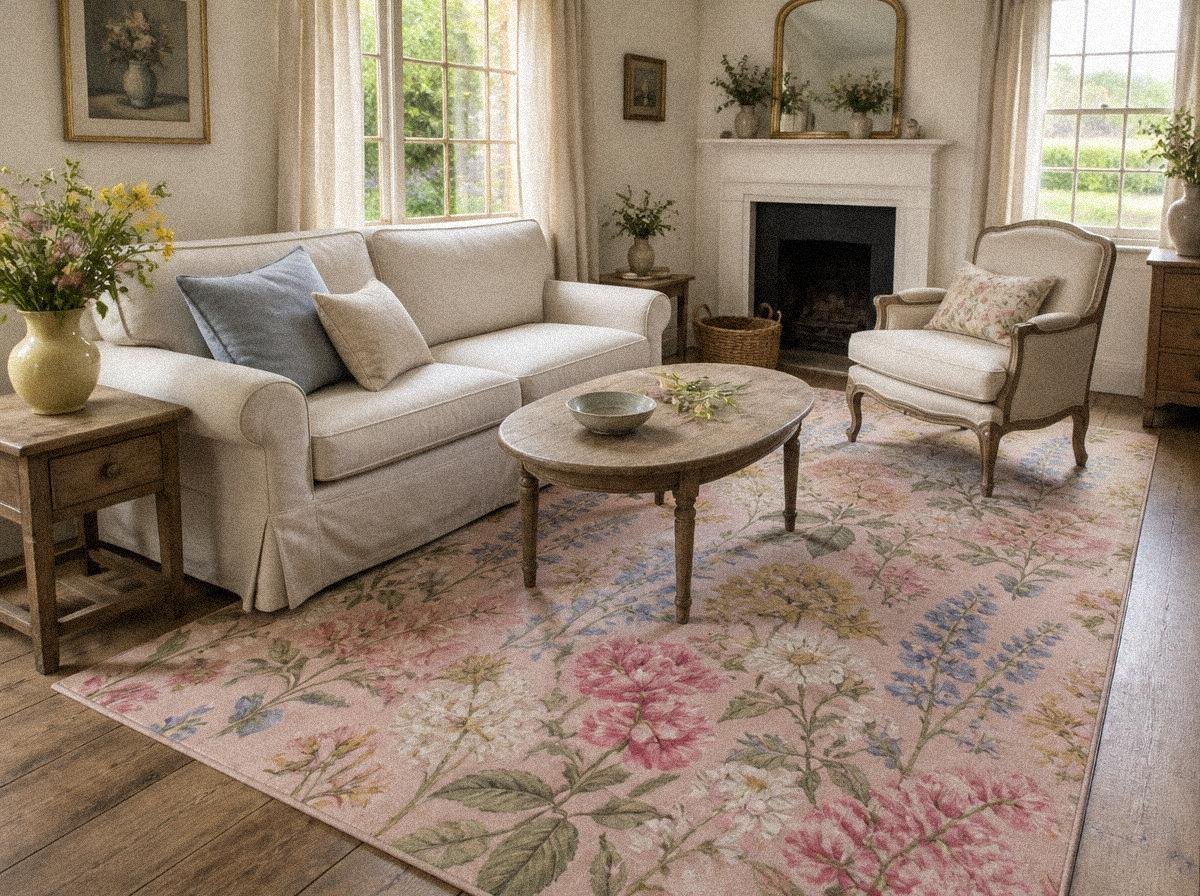 English cottage living room with a blush-pink floral area rug, cream linen sofa, powder-blue cushion, yellow ceramic vase, antique wood furniture, and soft natural light.