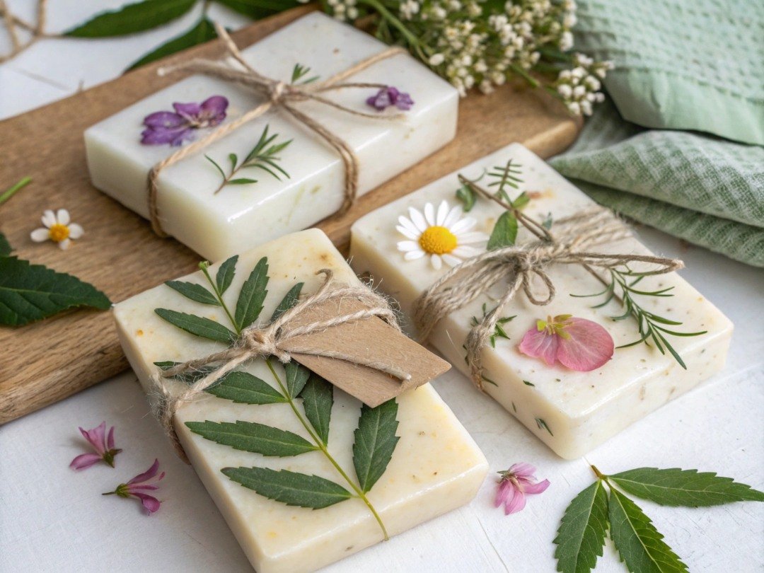 Botanical soap parcels wrapped as handmade Christmas gifts