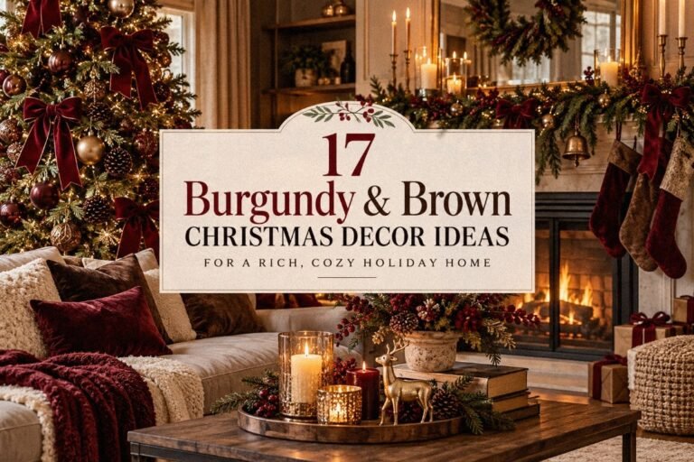Elegant Christmas living room with burgundy velvet bows, brown ornaments, warm lights, evergreen garland, brass accents and cozy holiday decor.