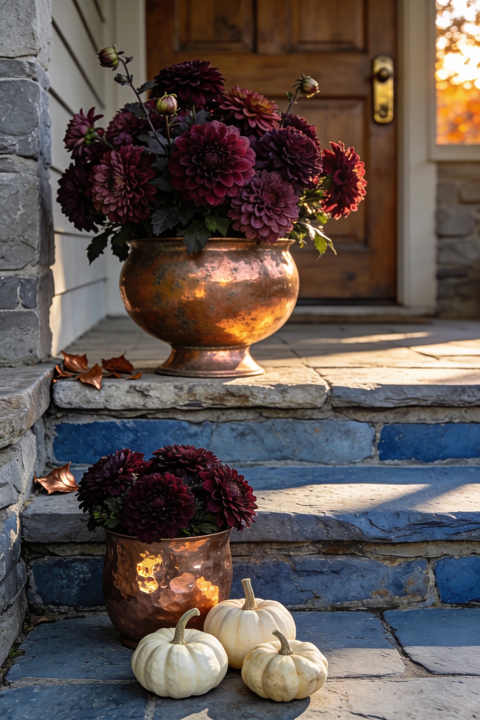 Close-up autumn porch arrangement with deep wine-colored chrysanthemums in two aged copper planters, three cream heirloom pumpkins, and weathered bluestone steps beside a walnut front door.