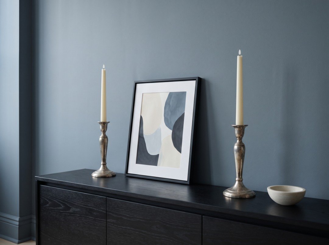 Two vintage brass candleholders with matching ivory LED tapers framing a small artwork on a dark wooden console table.