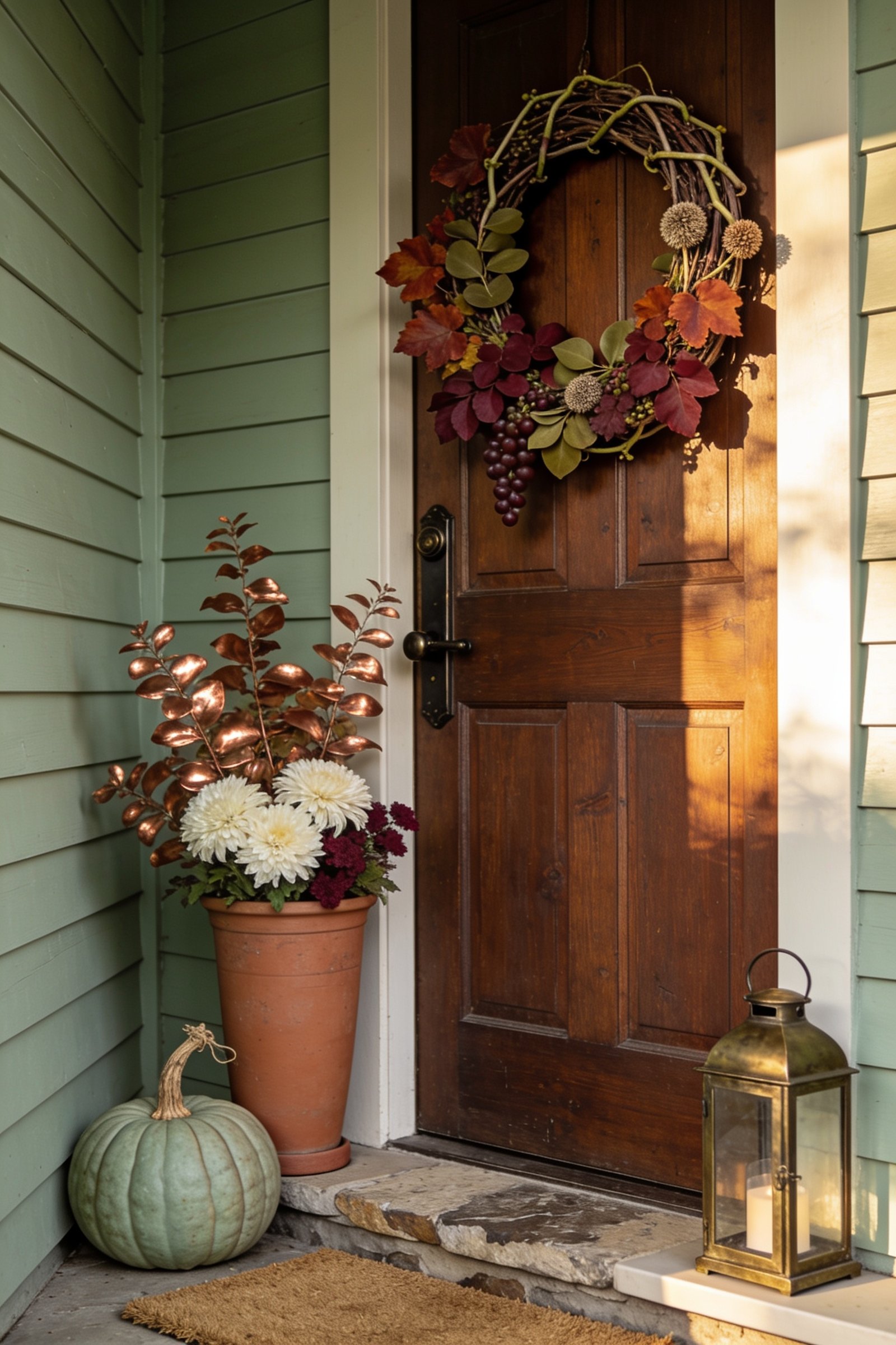 Narrow cottage-style fall porch with a walnut front door, natural rust and burgundy autumn wreath, slim terracotta planter with ivory chrysanthemums, sage pumpkin, and a simple coir mat.