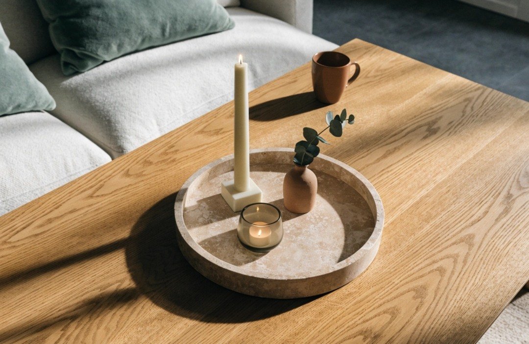 Round decorative tray with an ivory LED pillar, small LED votive and botanical vase on a rectangular living room coffee table with space for a mug.