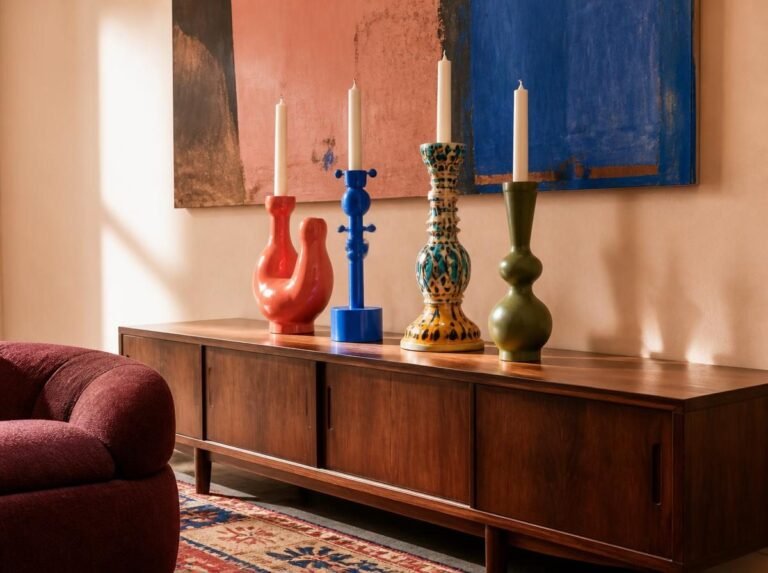 Colorful sculptural candle holders in red, cobalt blue, yellow and glazed ceramic arranged as an artistic home decor collection.