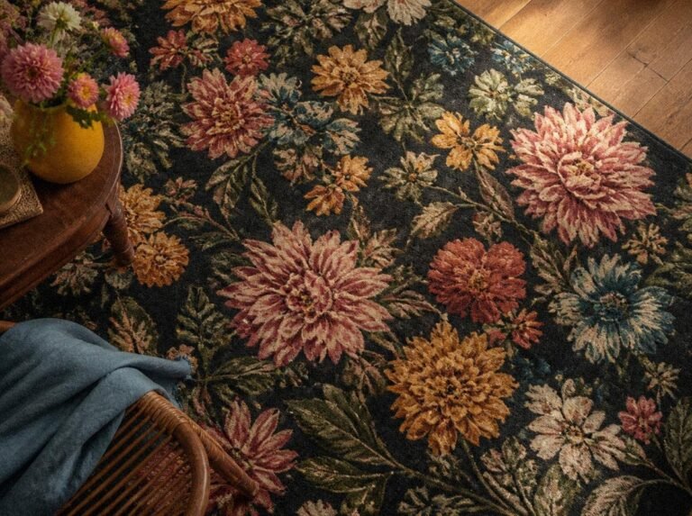 Bright cottage-inspired living room with a large colorful floral area rug, curved cream sofa, walnut armchair, wooden coffee table, and soft natural daylight.