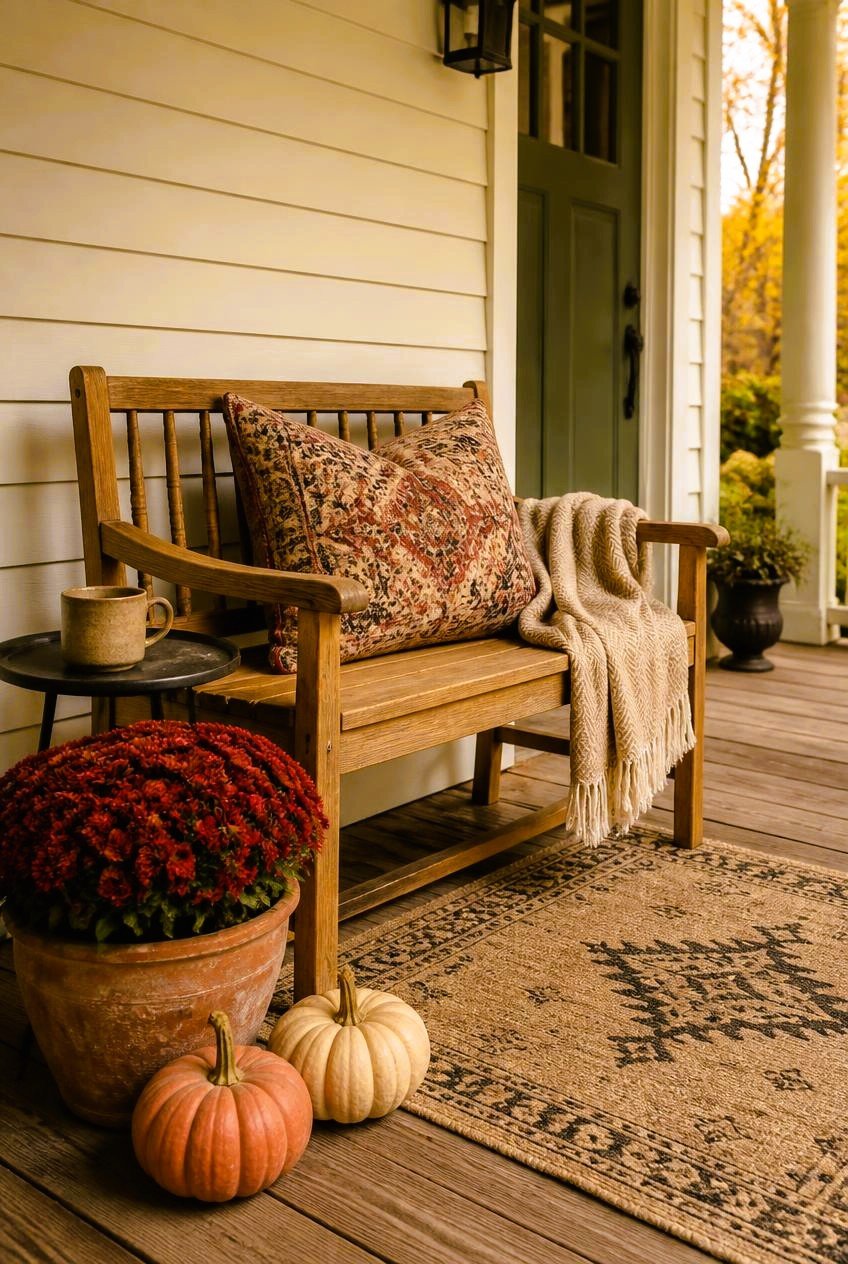 Cozy covered fall front porch with a natural wooden bench, burgundy patterned cushion, folded oatmeal throw, terracotta planter of chrysanthemums, and small pumpkins.
