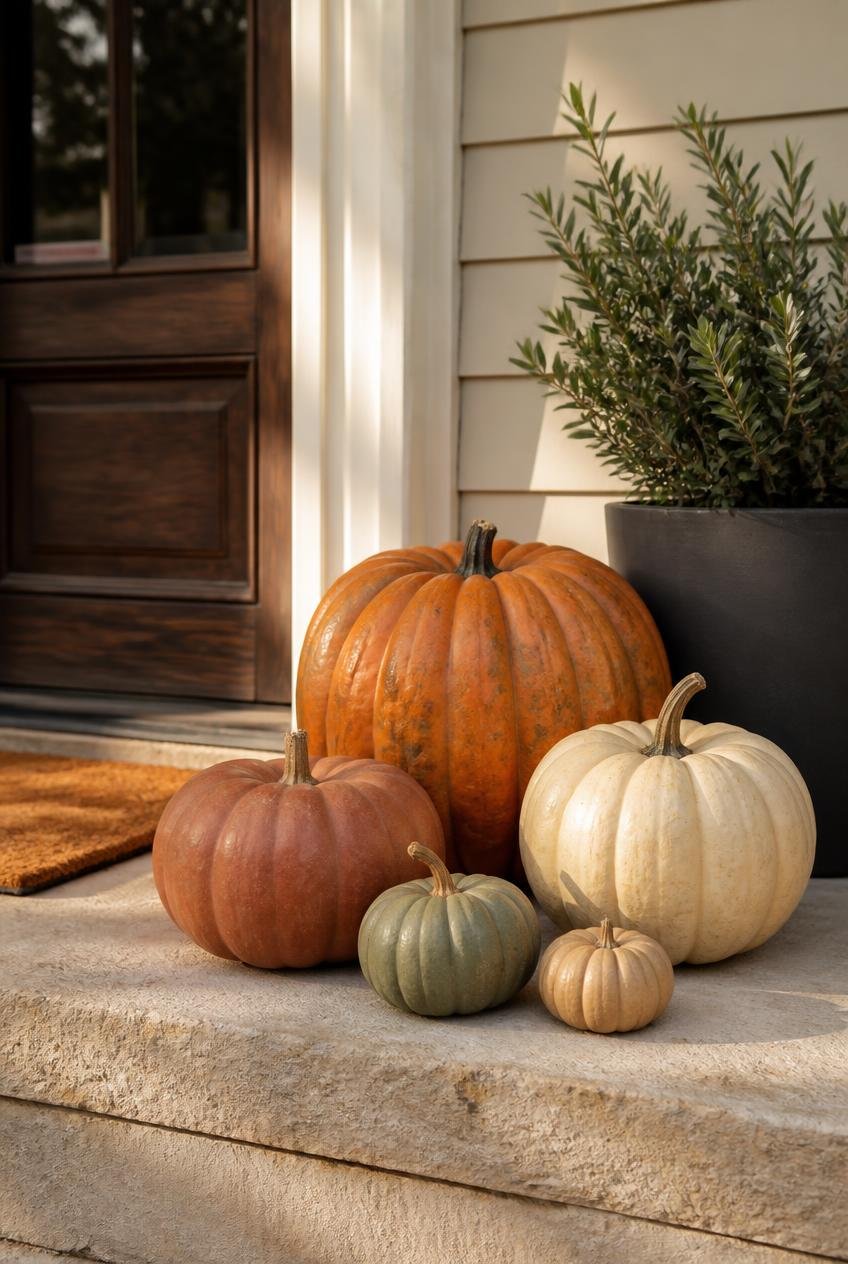 Five heirloom pumpkins in burnt orange, terracotta, ivory, dusty sage, and beige arranged at different heights on limestone porch steps beside a charcoal planter and natural coir doormat.