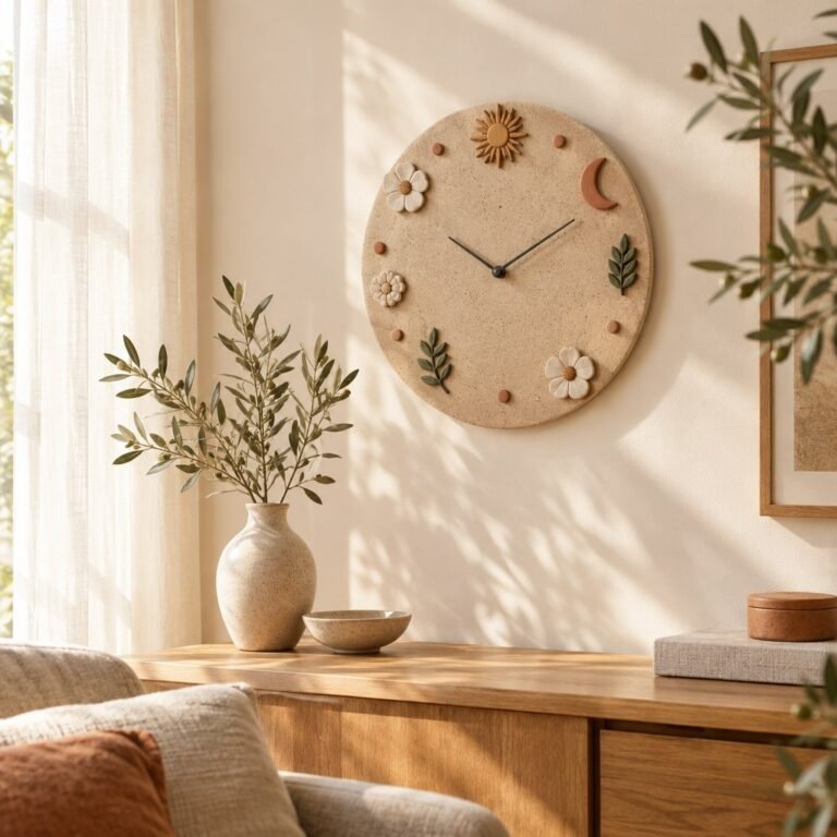 Original sunlit interior photo of a handmade round air-dry clay wall clock with botanical decorations