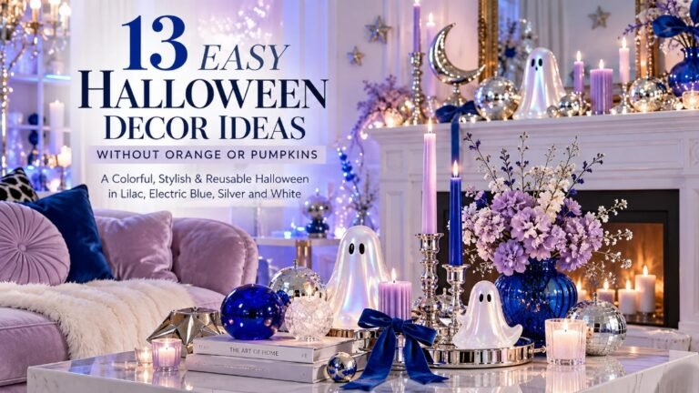 Easy Halloween decor ideas without orange or pumpkins in lilac, electric blue, silver and white