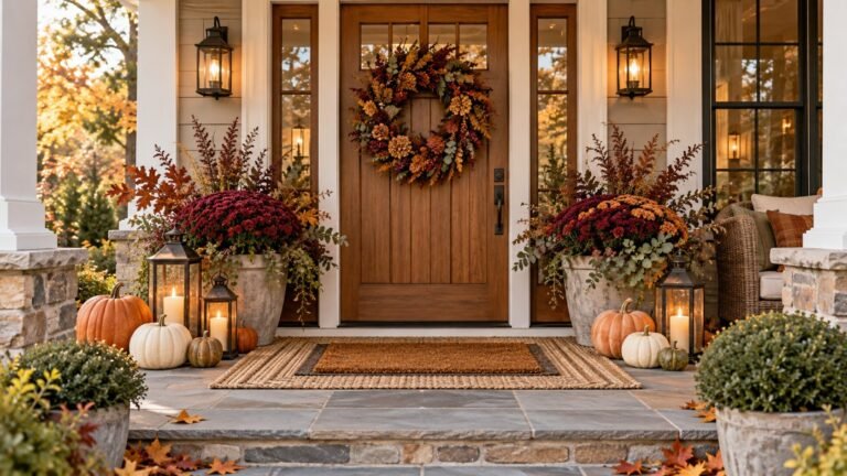 Elegant fall front porch with burgundy mums, cream and orange pumpkins, autumn wreath, glowing lanterns, and layered doormats.