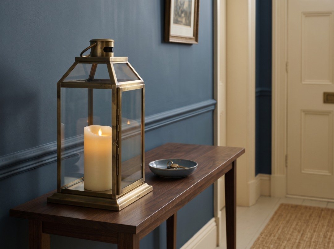 Large black metal entryway lantern with a glowing LED pillar candle beside a ceramic key bowl on a walnut console table.