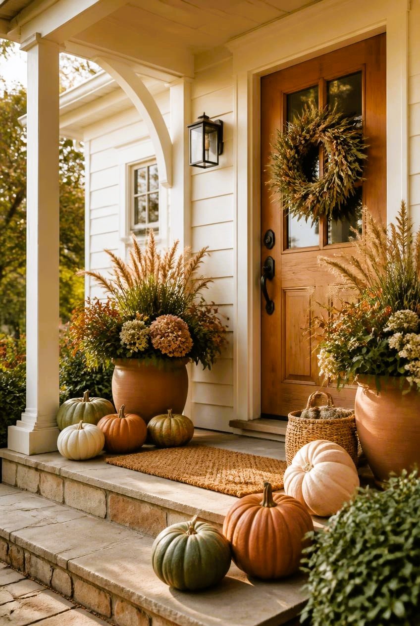 An inviting farmhouse entrance styled with neutral heirloom pumpkins, terracotta planters, seasonal greenery, and a natural wreath. This architectural hero image introduces affordable ways to make fall front porch decor feel polished and welcoming.