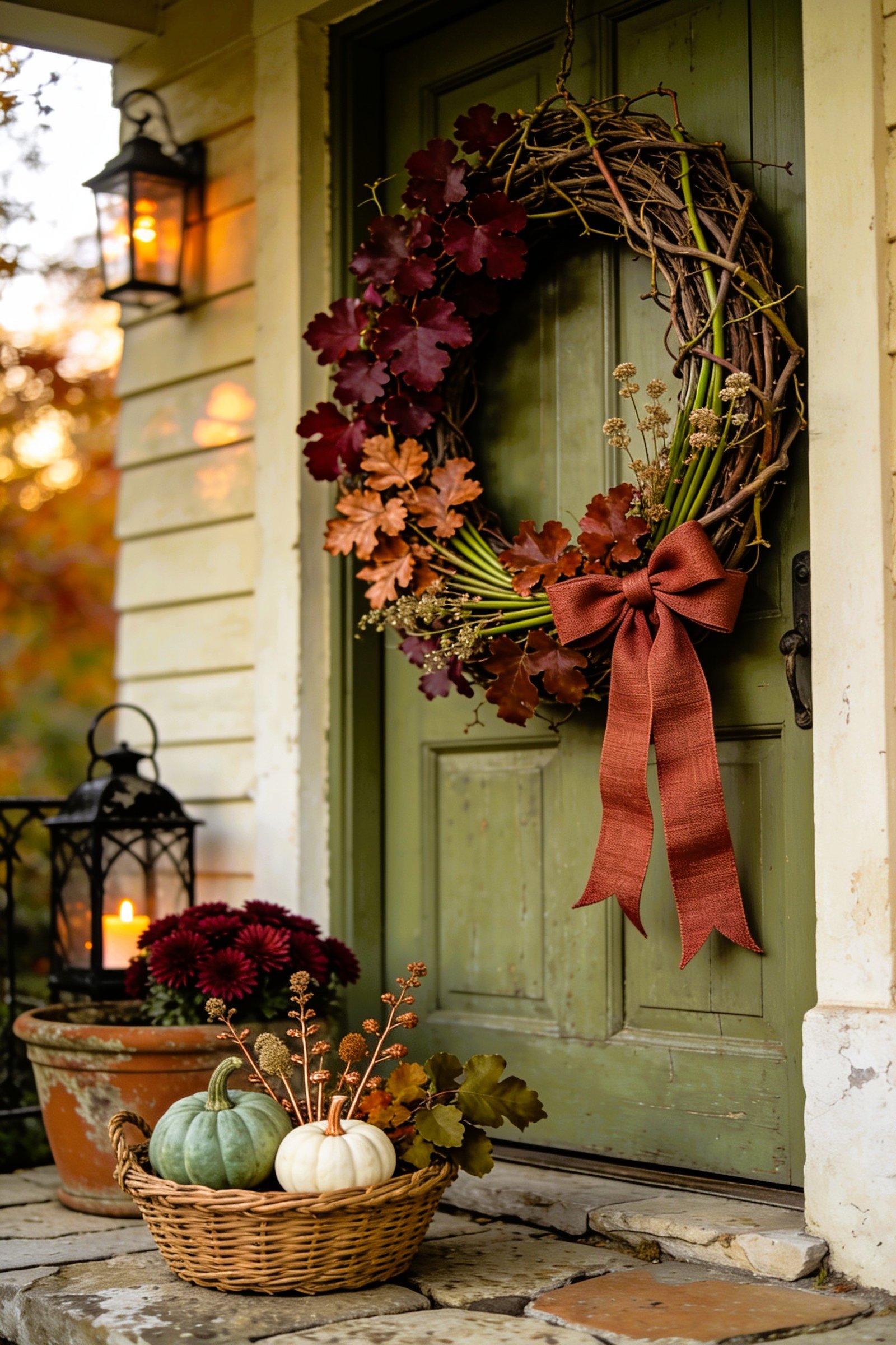 Natural grapevine wreath with burgundy and copper foliage and a rust-colored linen ribbon on an olive-green front door, above a wicker basket of ivory pumpkins, sage gourd, and autumn branches.