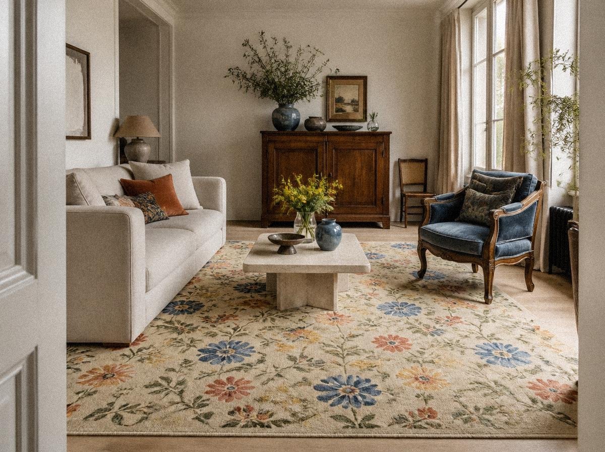 Eclectic living room with an ivory floral area rug, oatmeal linen sofa, antique blue armchair, travertine coffee table, and vintage walnut furniture.