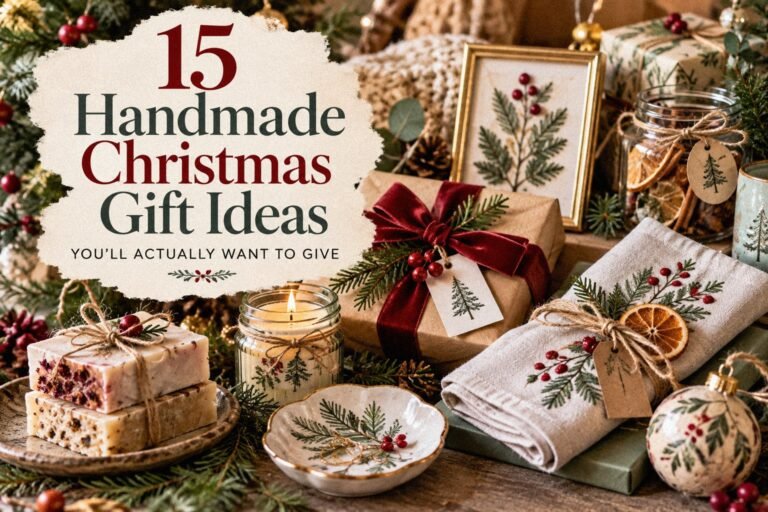 Handmade Christmas gift ideas featuring embroidered linen towels, botanical art, artisan soaps, a decorative ceramic dish, candles, and beautifully wrapped holiday presents.