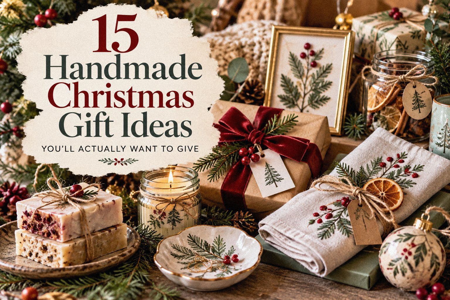 Handmade Christmas gift ideas featuring embroidered linen towels, botanical art, artisan soaps, a decorative ceramic dish, candles, and beautifully wrapped holiday presents.