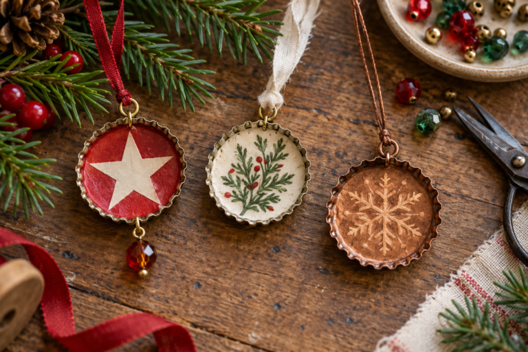 Original illustrative bottle-cap Christmas ornaments with a red star, green sprig and copper snowflake on a craft table