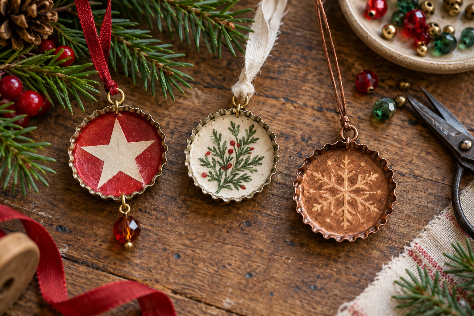 Original illustrative bottle-cap Christmas ornaments with a red star, green sprig and copper snowflake on a craft table