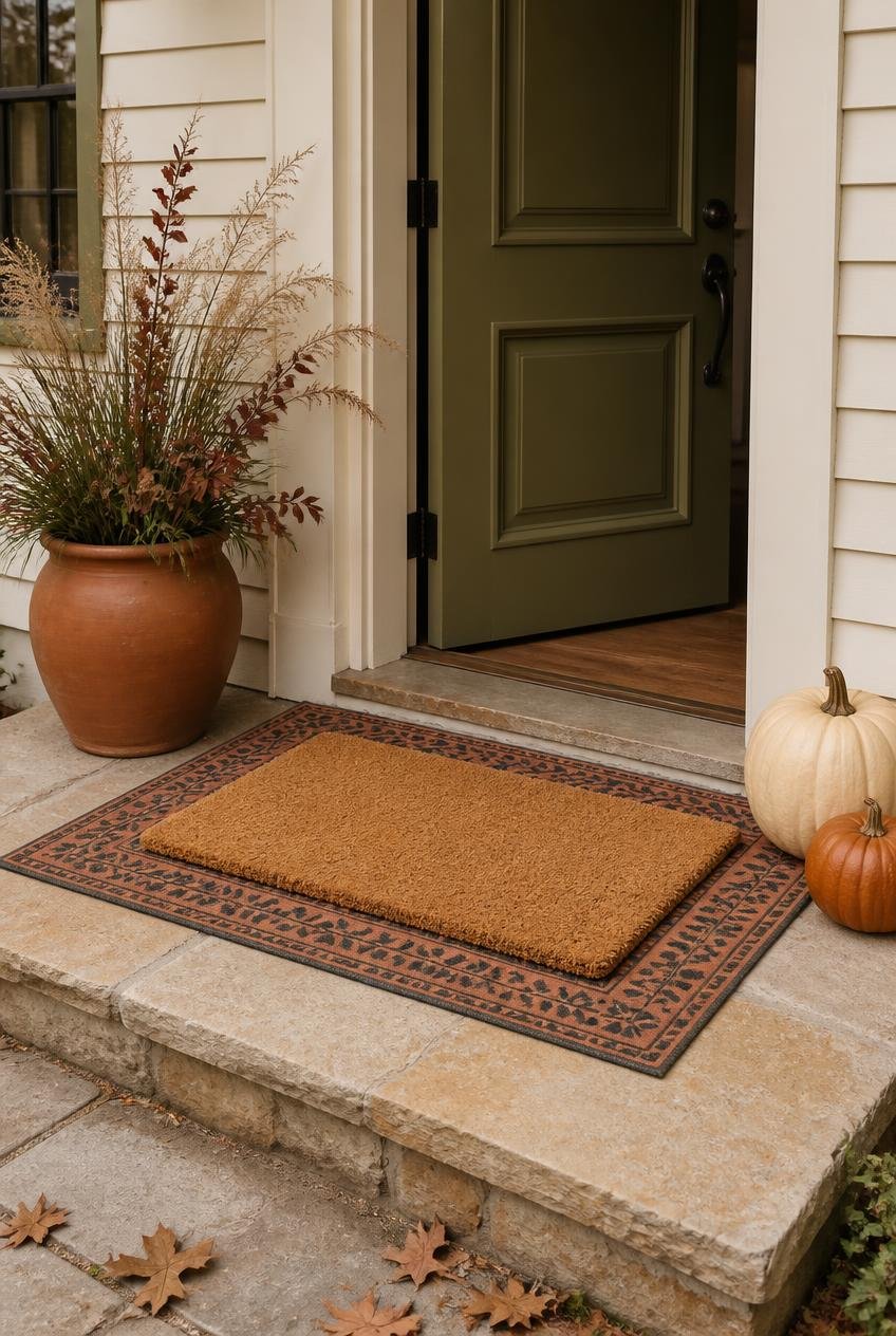  Cream farmhouse entrance with an olive-green front door, faded terracotta patterned outdoor rug layered beneath a plain coir doormat, terracotta planter, and two neutral pumpkins on stone paving.